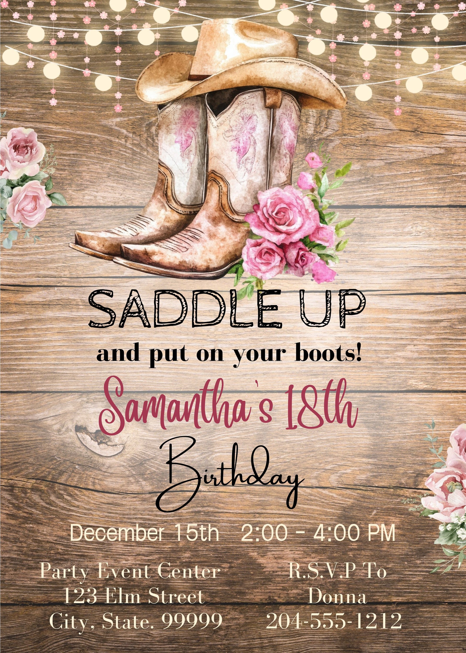 Rustic wood string lights invite