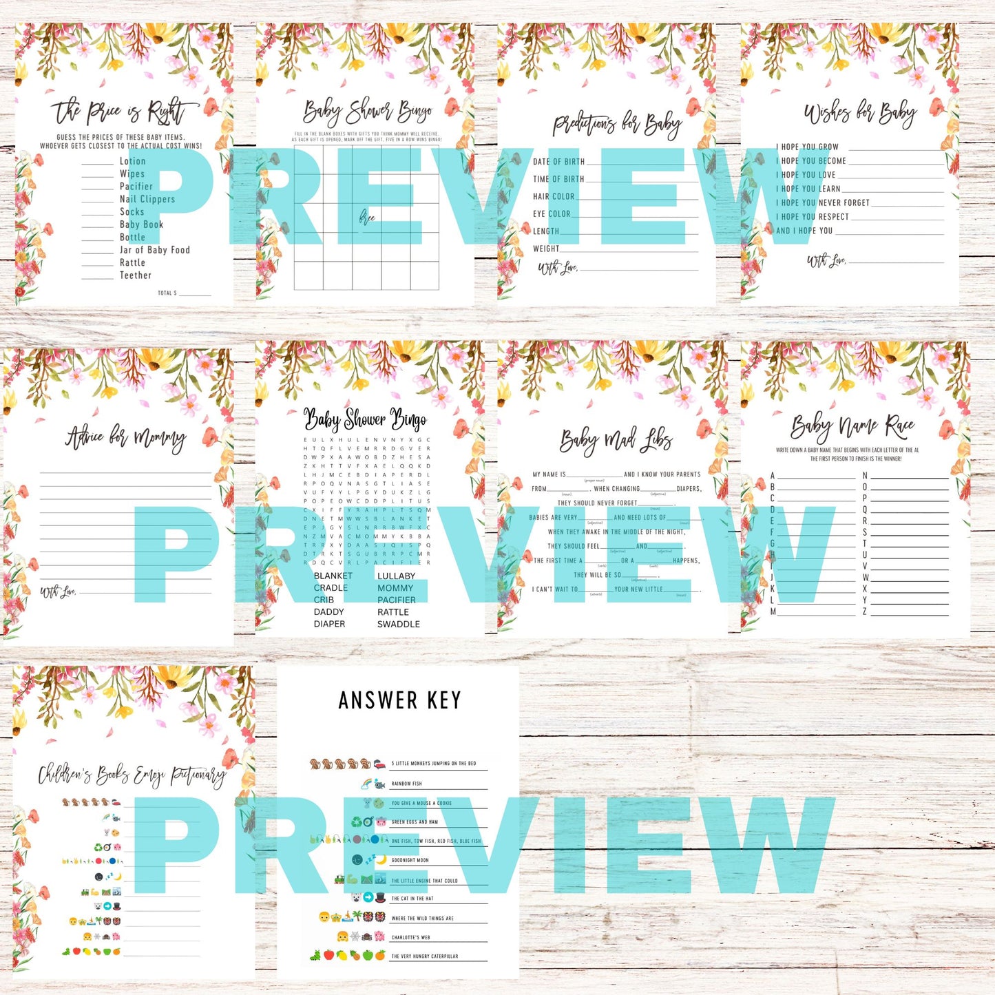 printable wildflower baby shower games 
