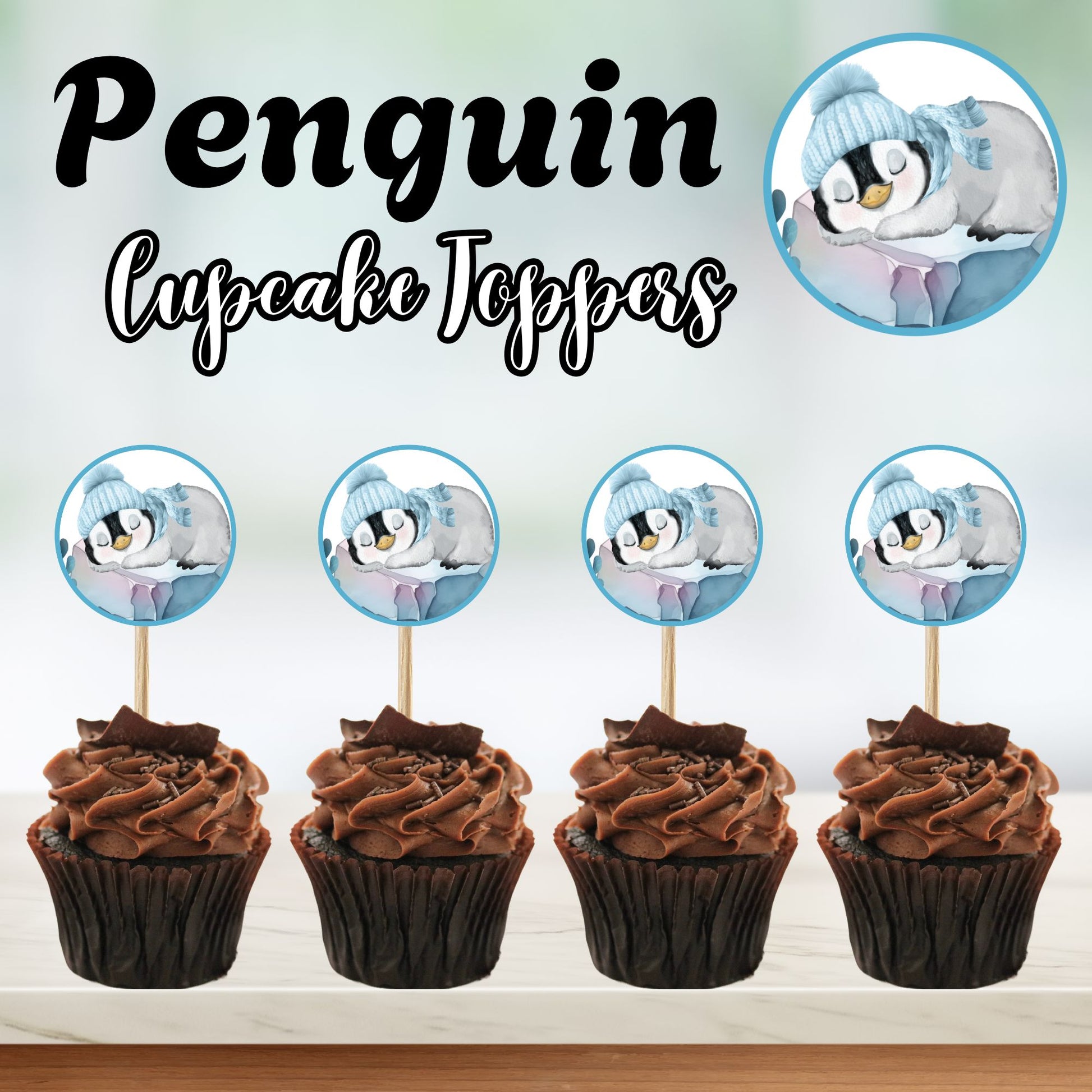 Winter Penguin Baby Shower Cupcake Toppers | Printable Blue & Gray Arctic Animal Theme | Editable Instant Download | Boy or Gender Neutral Decor