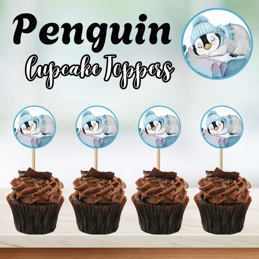 Winter Penguin Baby Shower Cupcake Toppers | Printable Blue & Gray Arctic Animal Theme | Editable Instant Download | Boy or Gender Neutral Decor