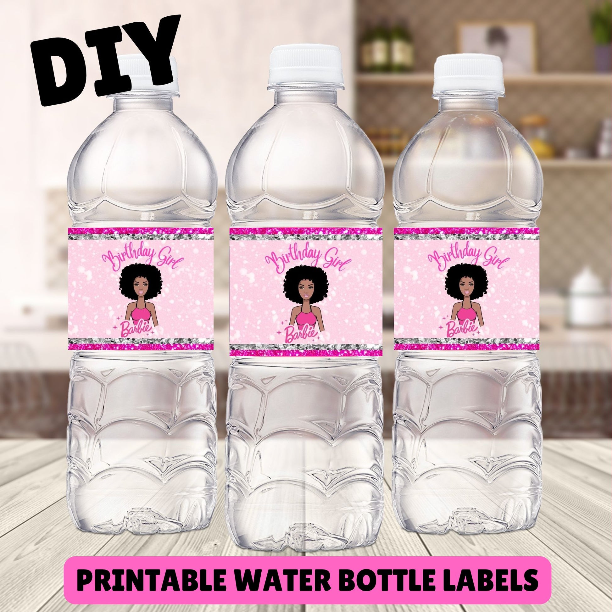 black barbie happy birthday water bottles 