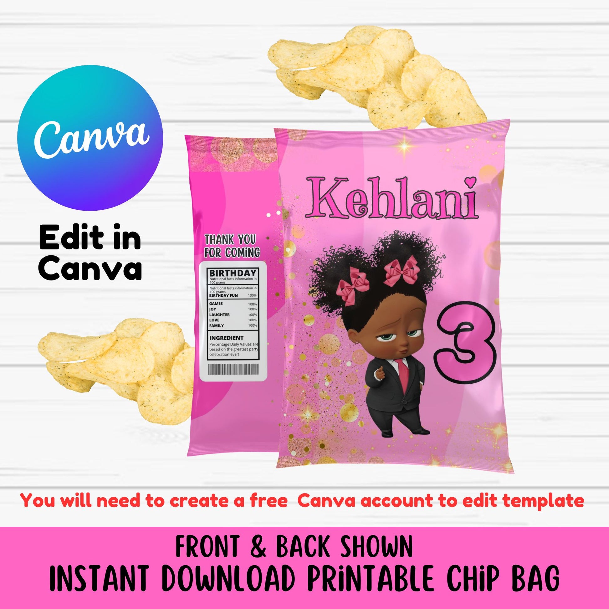 Black Boss Baby Birthday Chip Bag Template - Editable Boss Baby Chip Bags