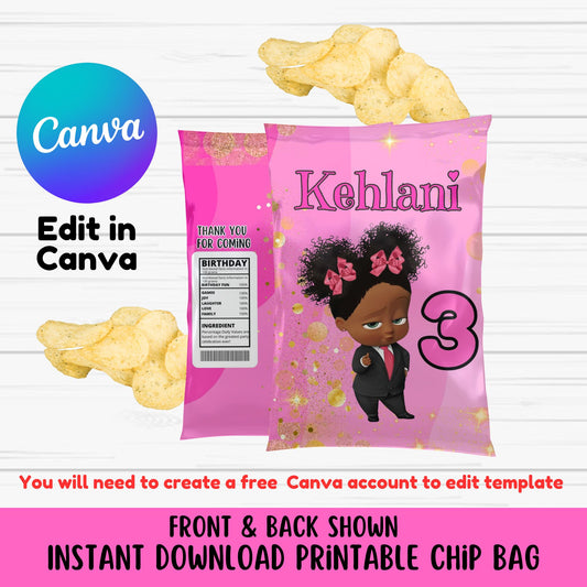 Black Boss Baby Birthday Chip Bag Template - Editable Boss Baby Chip Bags