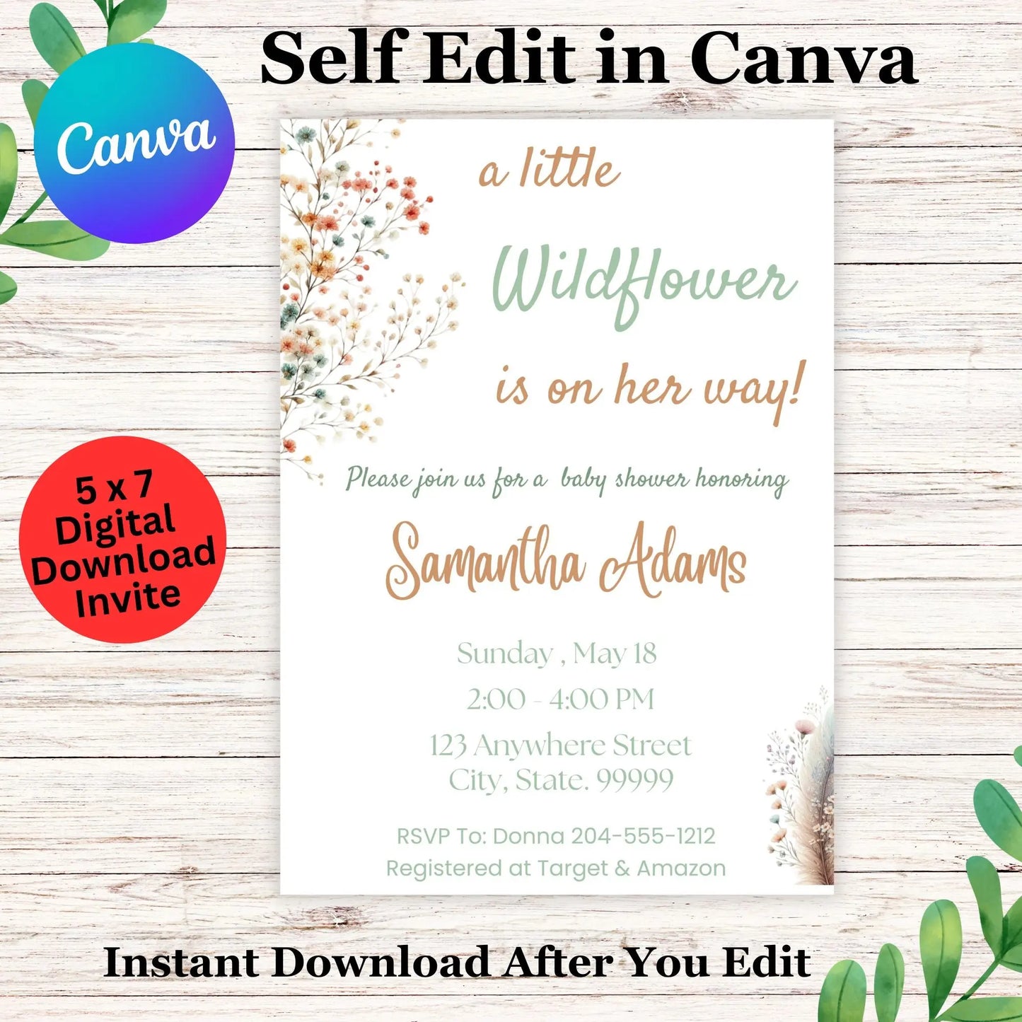 Boho Wildflower Baby Shower Invitation Template, Baby in Bloom Invite, A Little Wildflower is on the Way, Editable Floral Garden Party Bundle, Gender Neutral Botanical, Instant Download