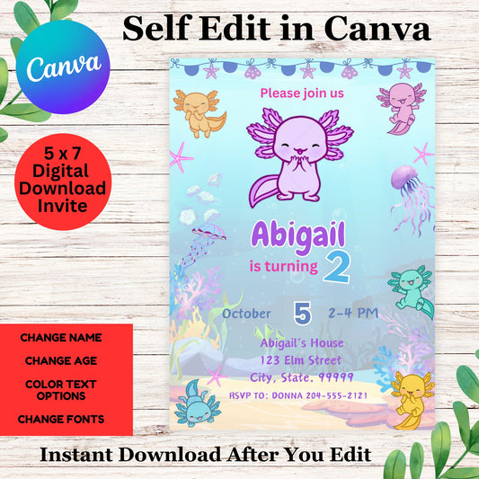 Editable Axolotl Birthday Invitation- Girl Axolotl Invite-Axolotl Party Invite Template- Digital Canva