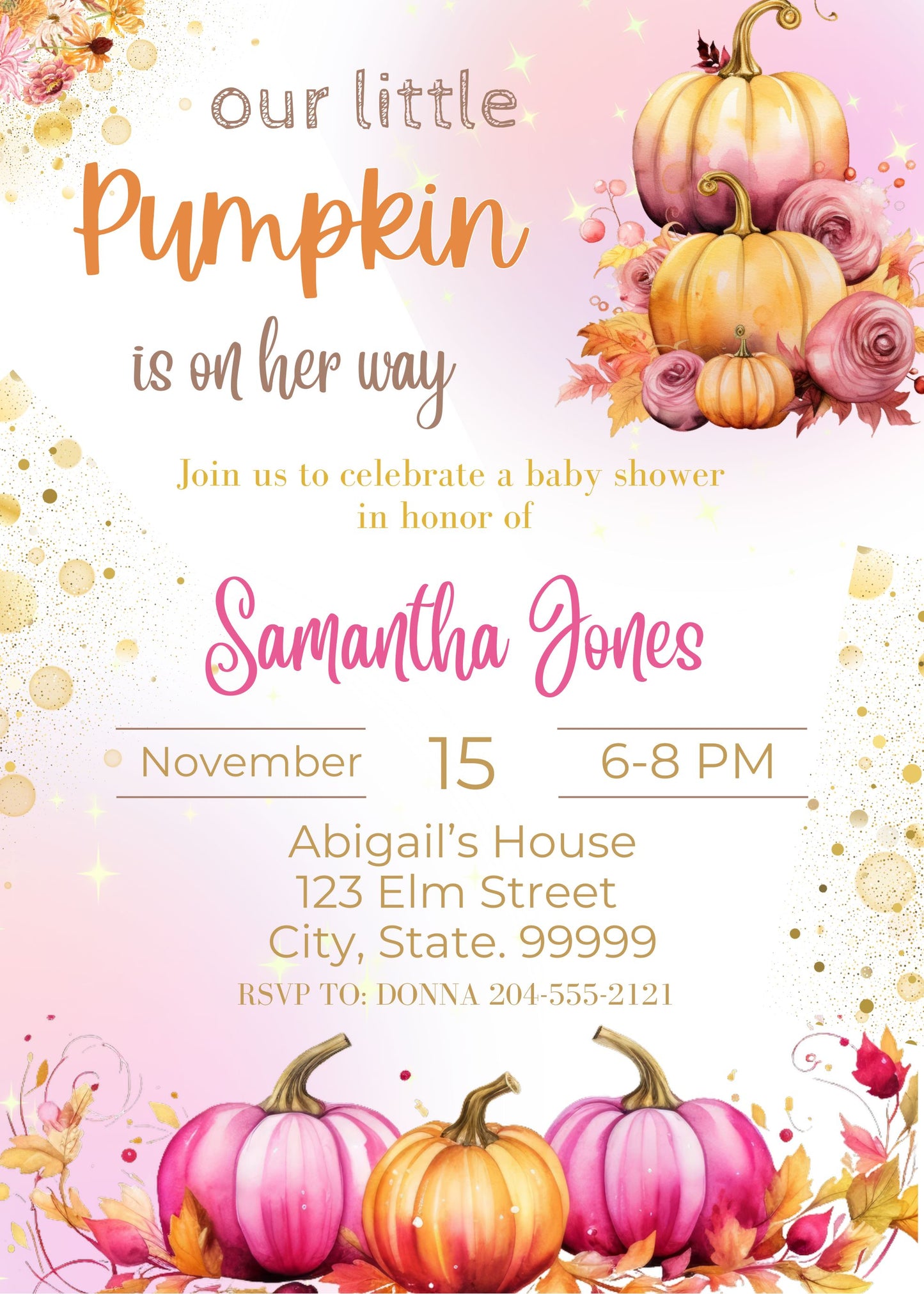 A little pumpkin is on the way, baby shower invite, fall girl, autumn baby shower, floral, watercolor, blush pink.