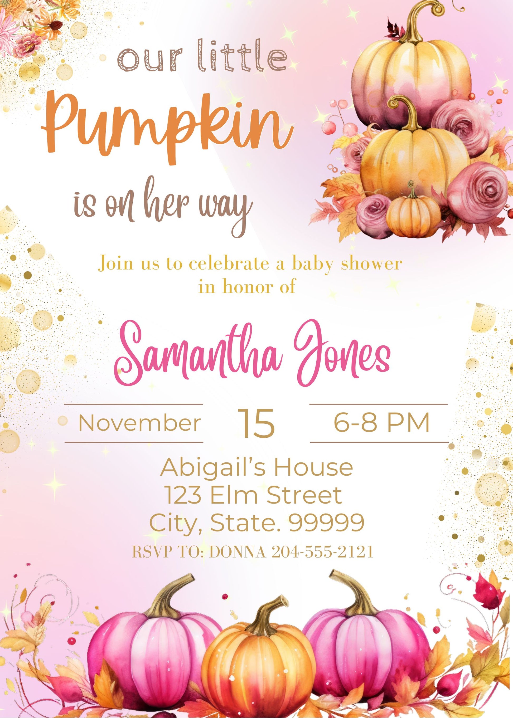A little pumpkin is on the way, baby shower invite, fall girl, autumn baby shower, floral, watercolor, blush pink.