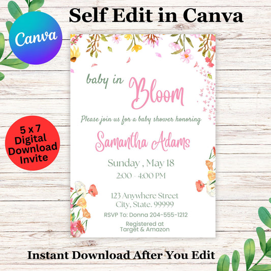 Baby in Bloom Wildflower Baby Shower Invitation Template - Printable Wildflower Baby Shower Invitation 