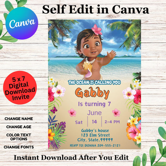 Baby Moana Birthday Invitation Template - Baby Moana Personalized Invite Editable in Canva