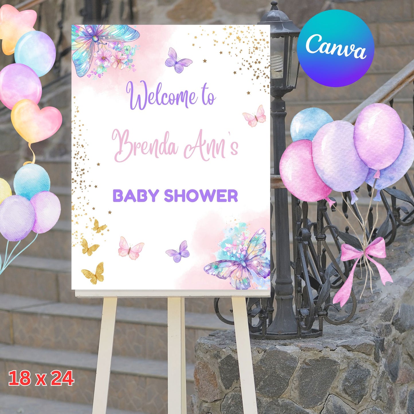 Butterfly Baby Shower Welcome Sign Template - Printable Butterfly Baby Poster Editable in Canva