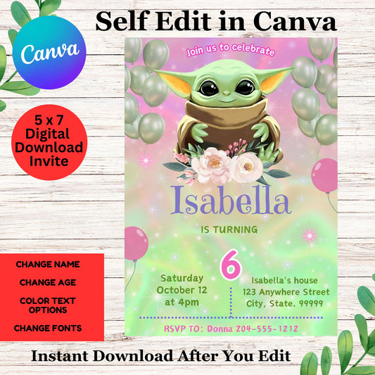 Baby Yoda Birthday Invitation Template- Baby Yoda Girl Birthday Party Invitation 