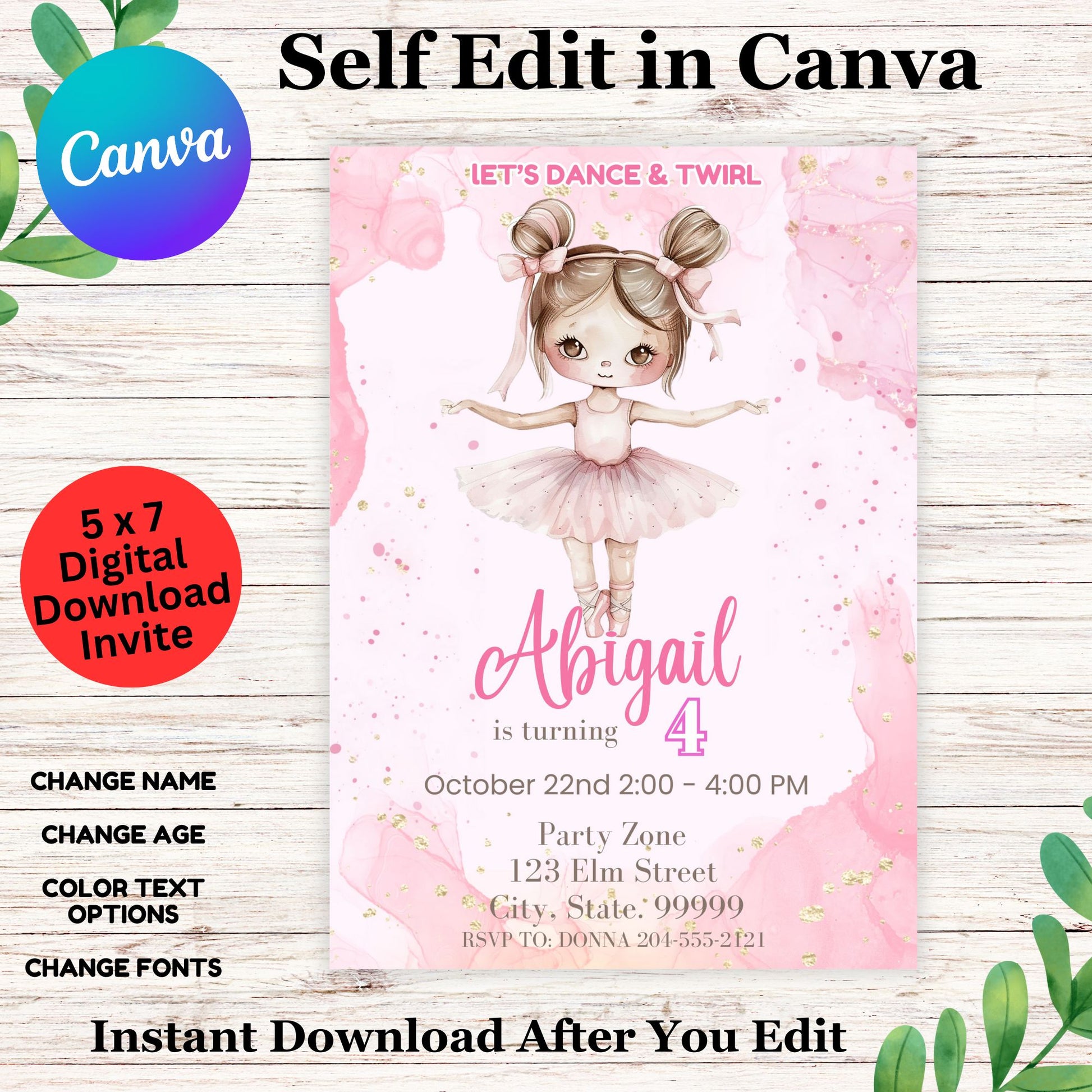 Ballerina Personalized Birthday Invitation Template - Printable Ballerina Birthday Invite