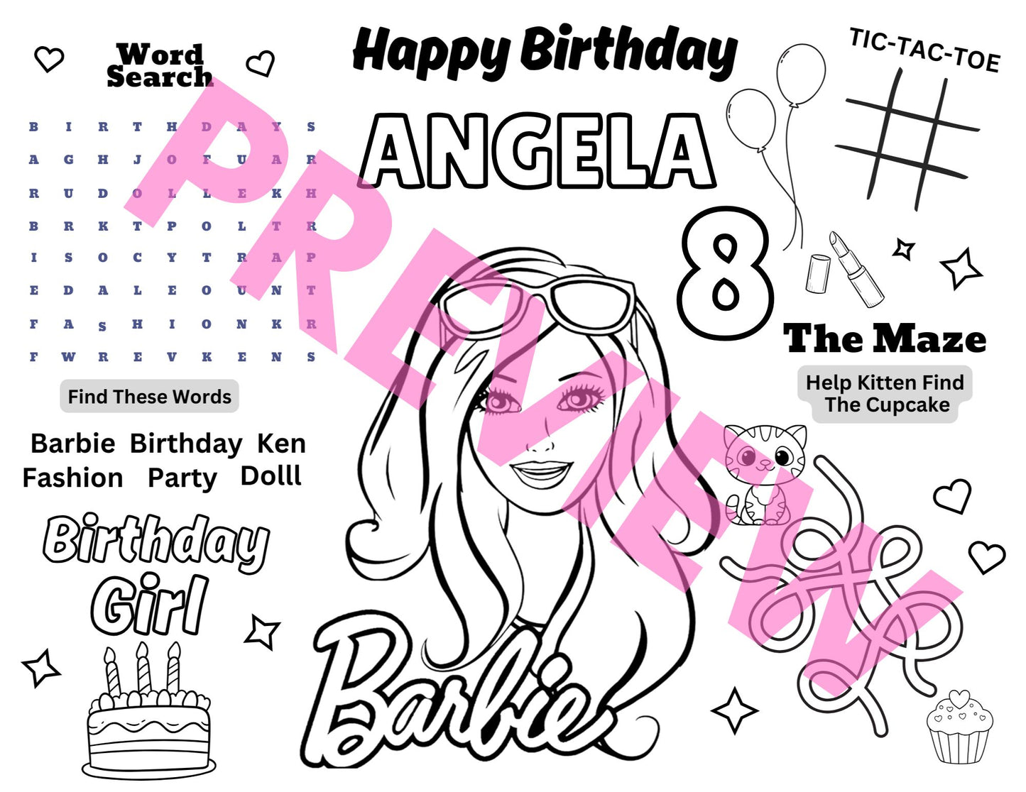 cute barbie birthday activity mat
