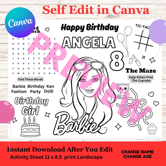 Barbie Birthday Activity Coloring Sheet printable Template - Barbie Coloring Activity Sheet 