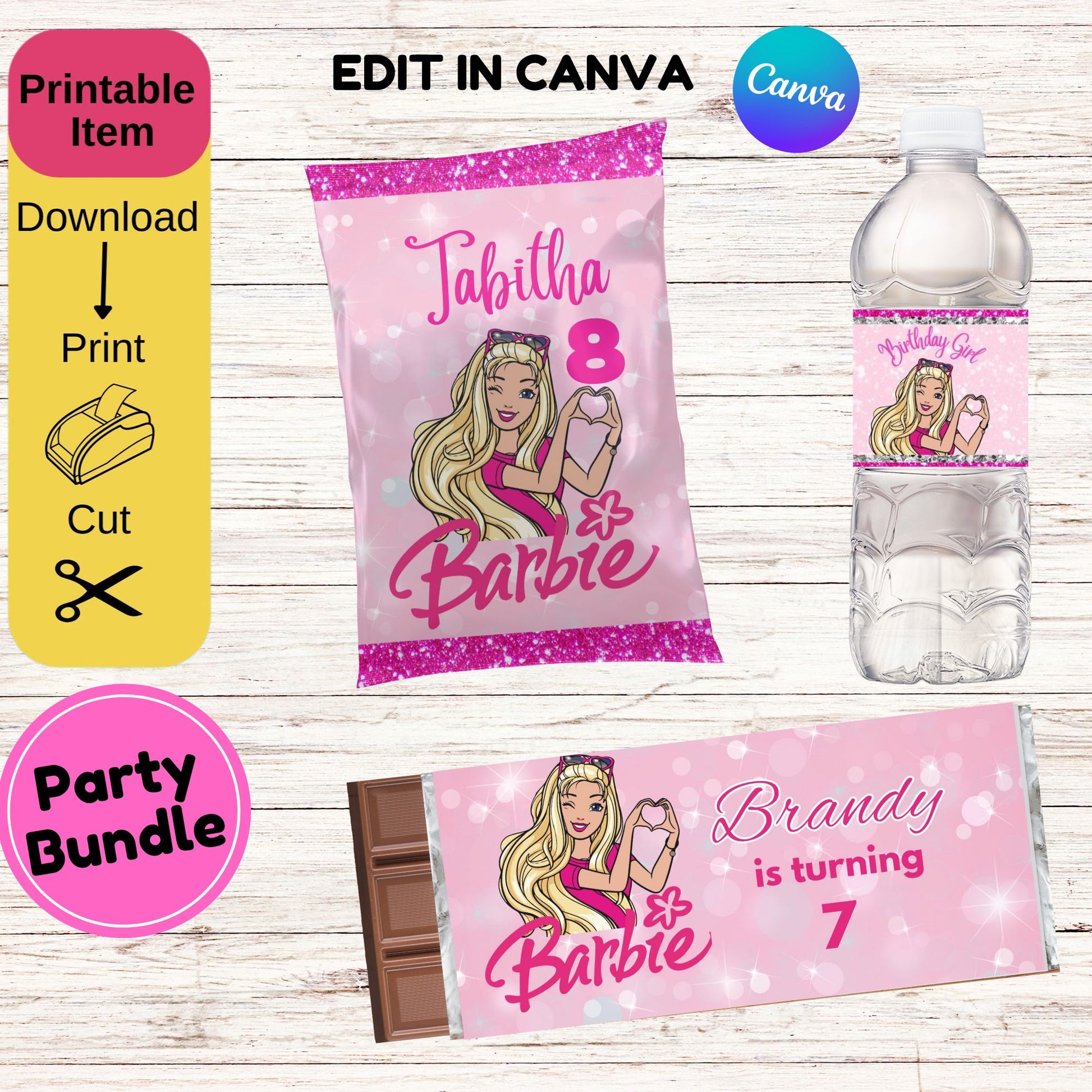 Barbie Birthday Party Bundle Wrappers- Pink Barbie Chip Bag- Water Bottle Wrapper