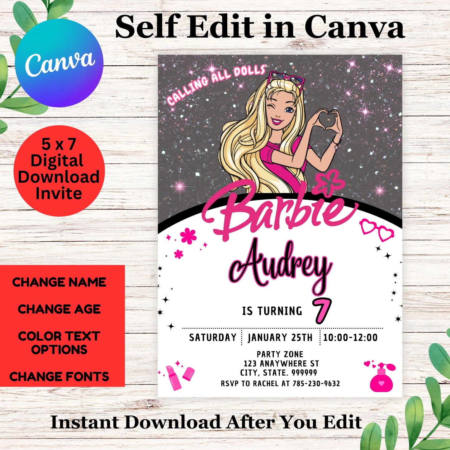 Barbie Birthday Invitation Template - Cute Barbie Personalized Birthday Party Invitation