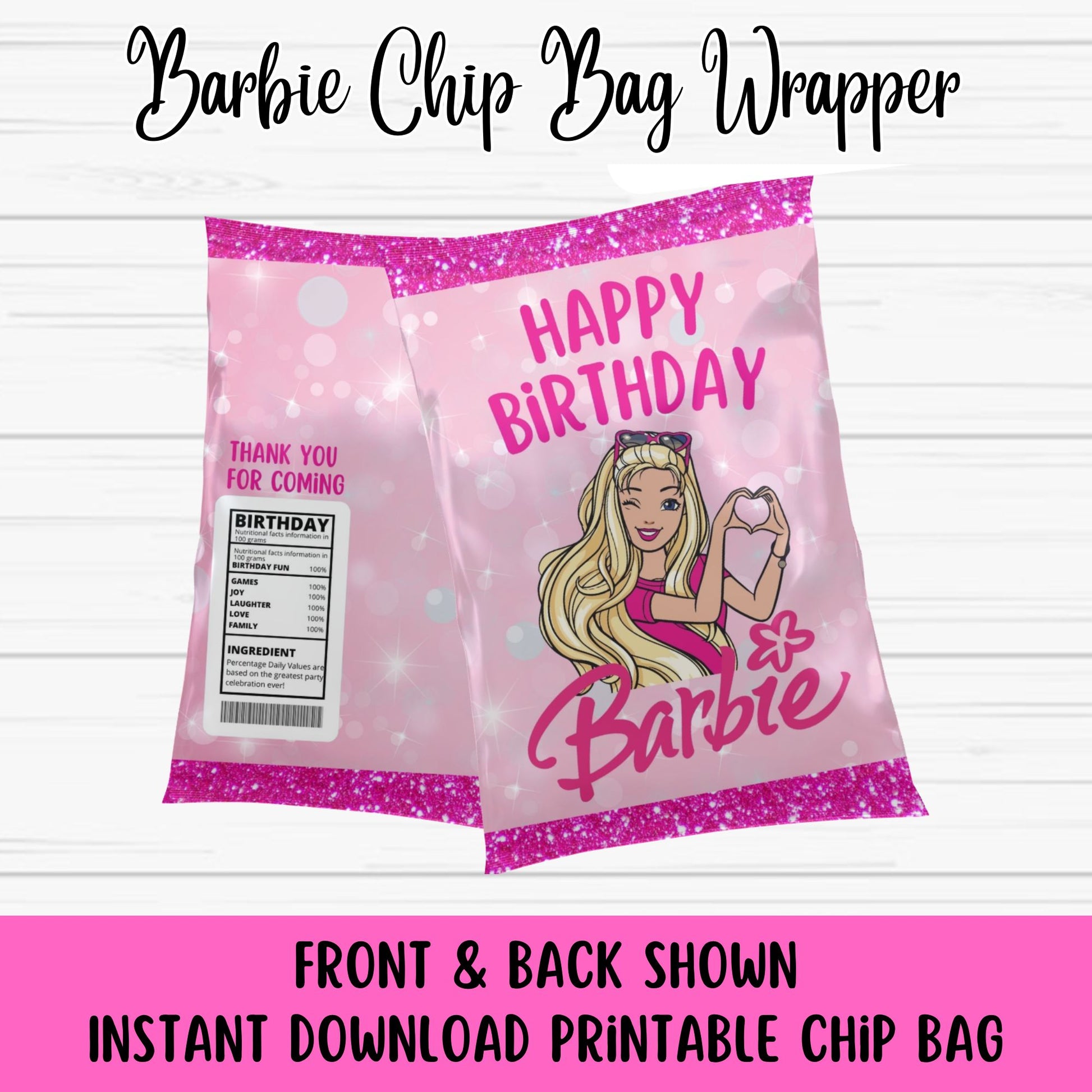 Pink Barbie Chip Bag Wrapper- Cute Barbie Chip Bag- Instant Download