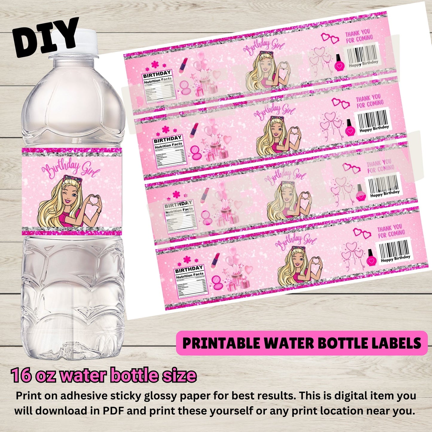 Barbie Water Bottle Labels - Barbie Birthday Water Bottle Labels - Printable  