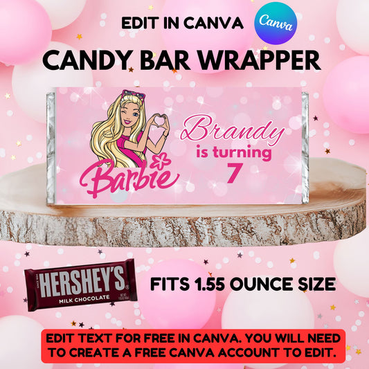 Pink Barbie Personalized Candy Bar Wrapper Template - Editable Barbie Candy Bar Wrapper 