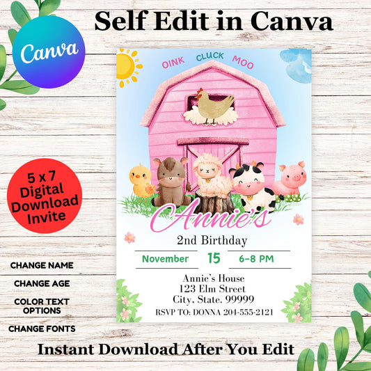 Farm Birthday Invitation Template for Girl - Barnyard Birthday Party Invitation