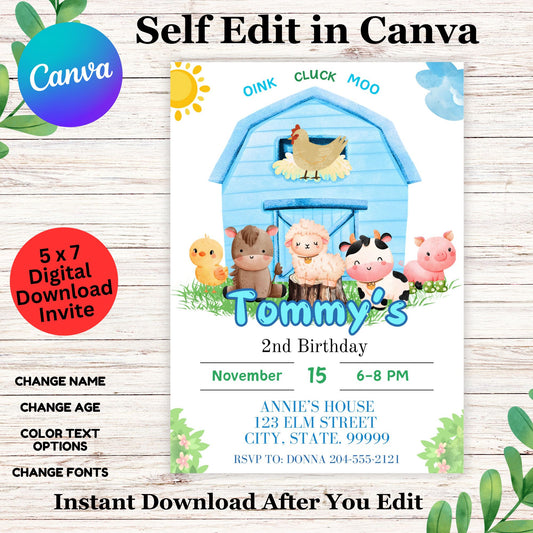 Farm Birthday Invitation Template for Boy - Barnyard Invitation Template Editable in Canva