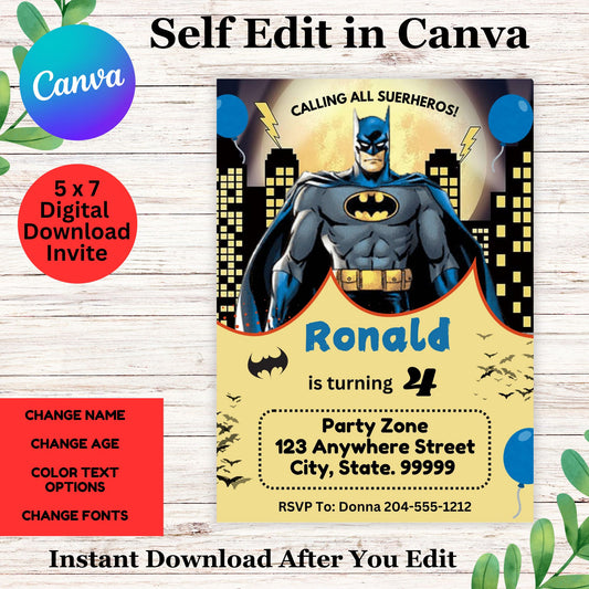 Batman Birthday Invitation Template - Superhero Batman Invite Editable with Canva 