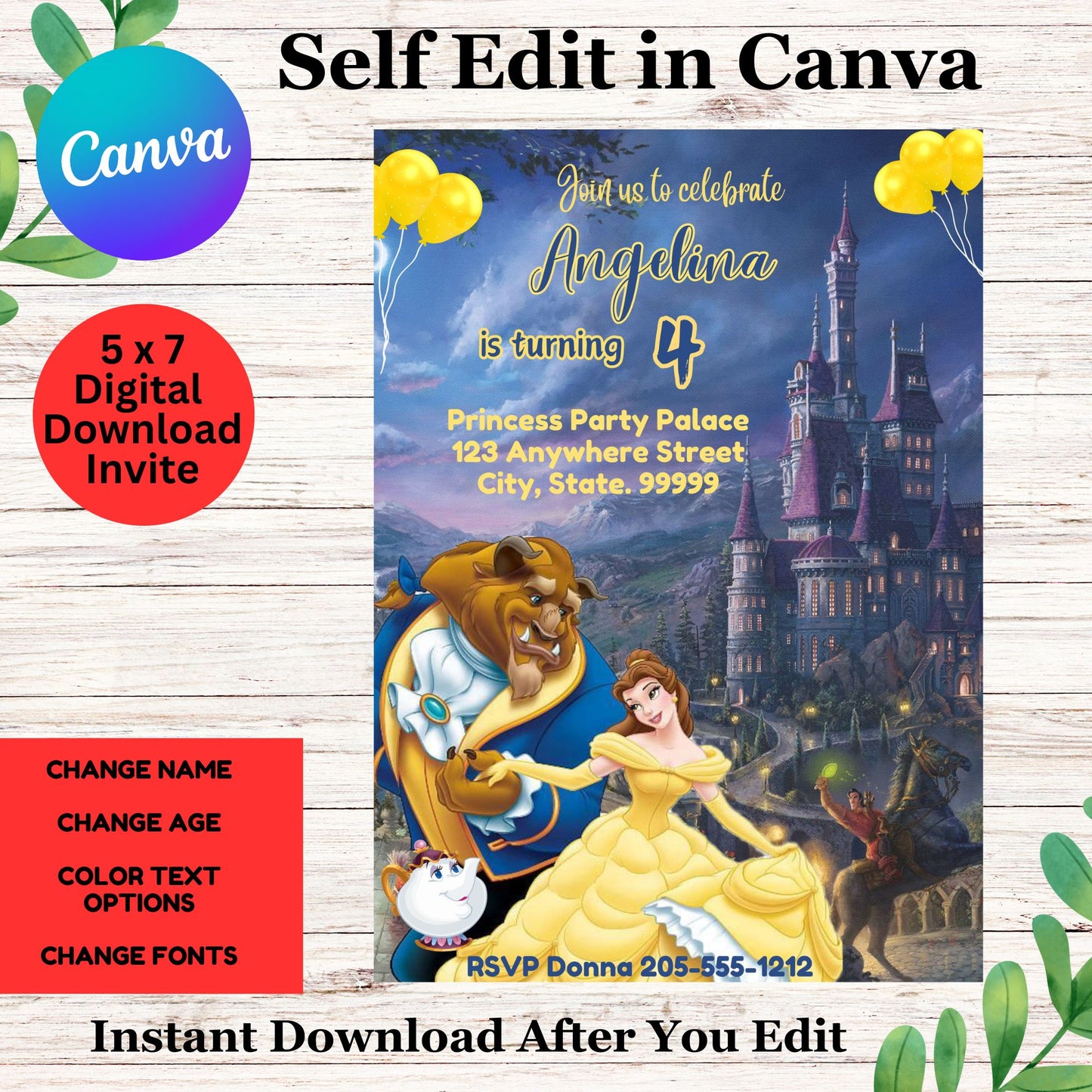 Beauty and the Beast Birthday Invitation Template - Belle Birthday Party Invitation Canva 