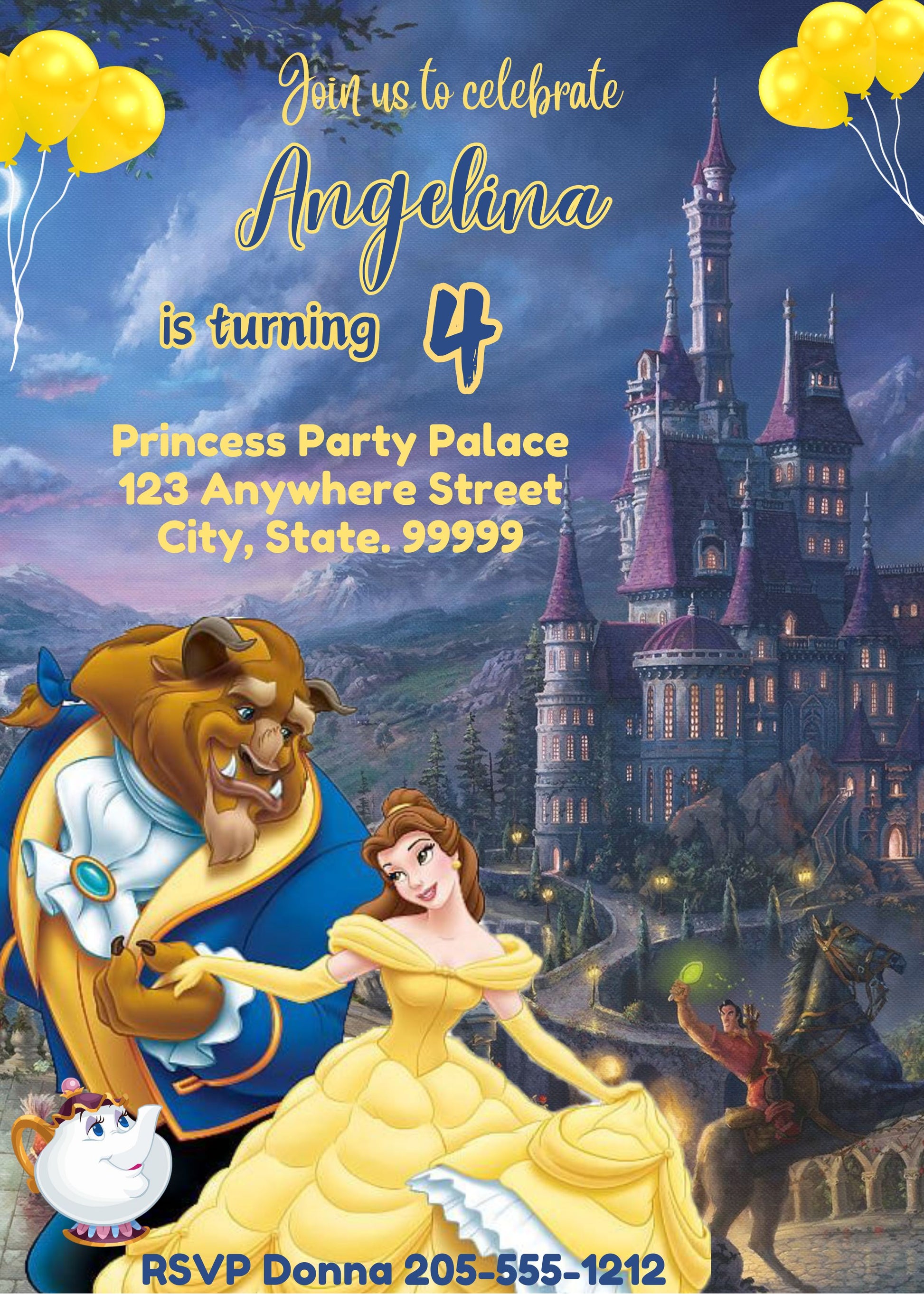 princess Belle beauty and the beast party invitation 