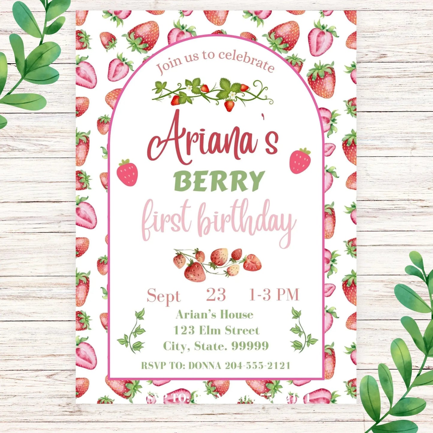 Berry First Birthday Invitation - Strawberry Birthday Invite Printable 