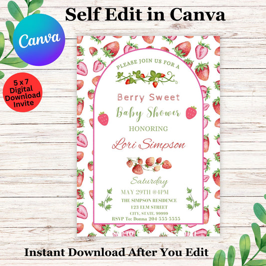 Strawberry Baby Shower Invitation Template - Editable Sweet Berry Baby Shower Invite in Canva 