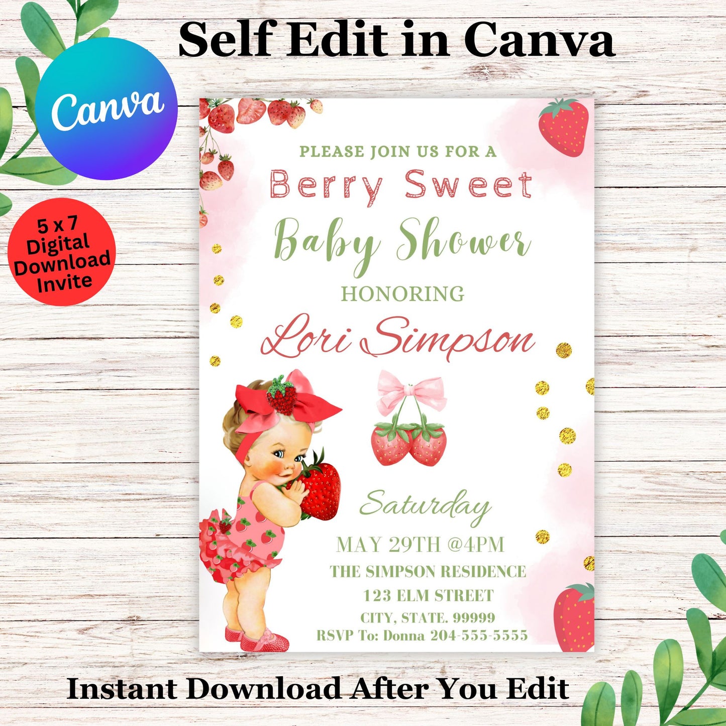 Berry Sweet Baby Shower Invitation Template - Editable Strawberry Baby Shower Invite in Canva 