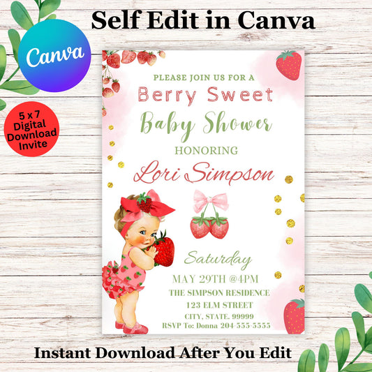 Berry Sweet Baby Shower Invitation Template - Editable Strawberry Baby Shower Invite in Canva 