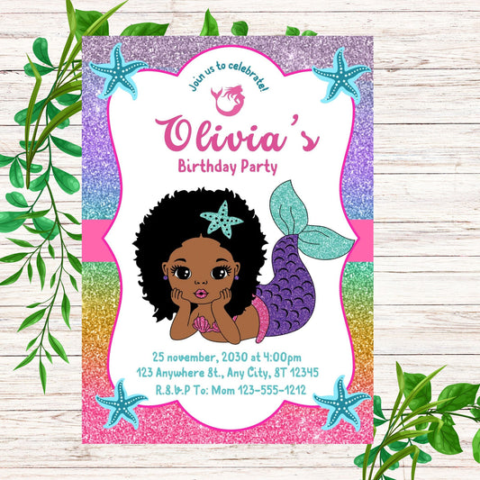African American  Mermaid Personalized Birthday Invitation- PDF Emailed to you