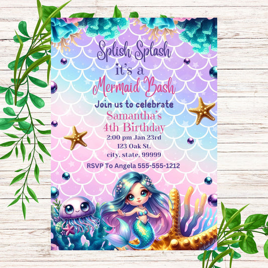 Mermaid Customized Birthday Invitation Printable - Pdf