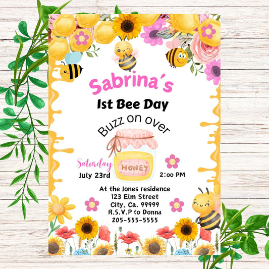 Bumble Bee 1st Birthday Invitation - Printable