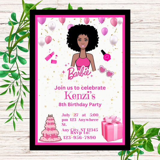 African American Barbie Personalized Birthday Invitation- PDF