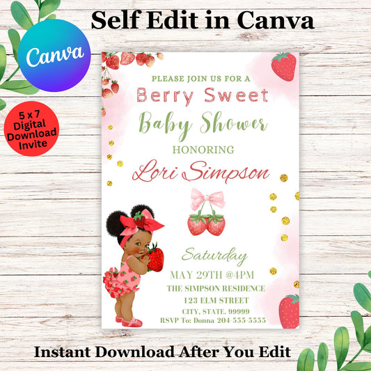 Black Berry Sweet Baby Shower Invitation Template - Editable Strawberry Baby Shower Invite in Canva