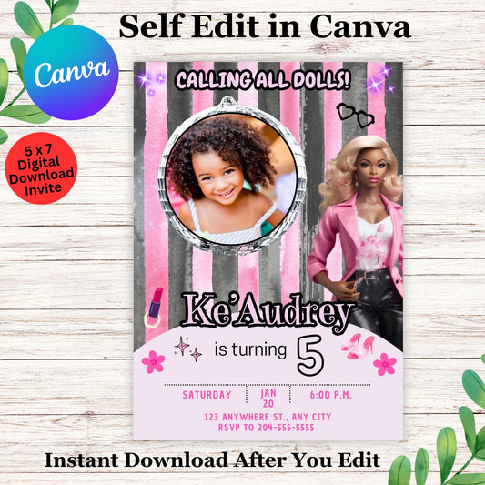 Black Barbie Personalized Birthday Invitation Template  - Barbie Photo Invite Editable in Canva 