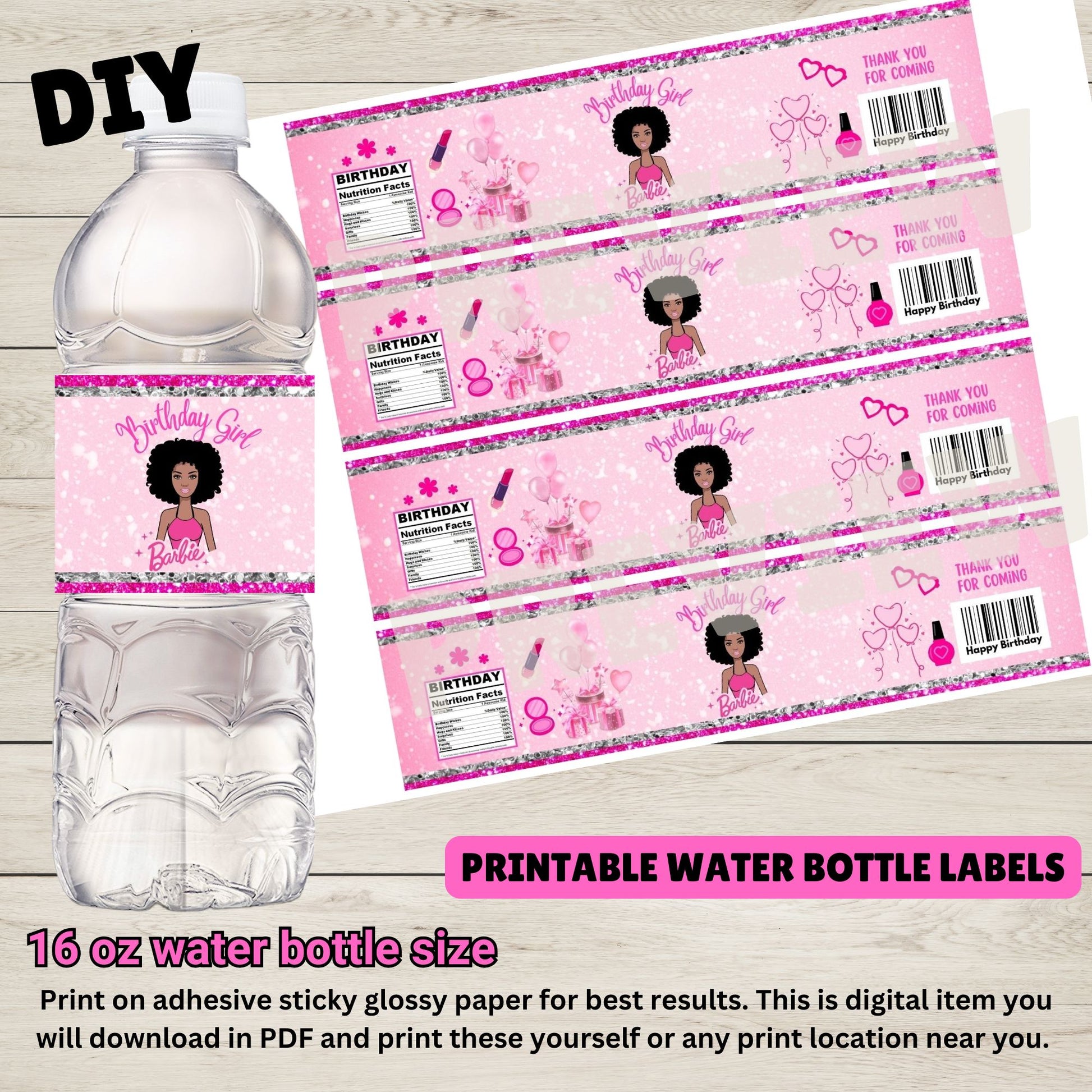 Black Barbie Water Bottle Labels - Barbie Birthday Water Bottle Labels - Printable 