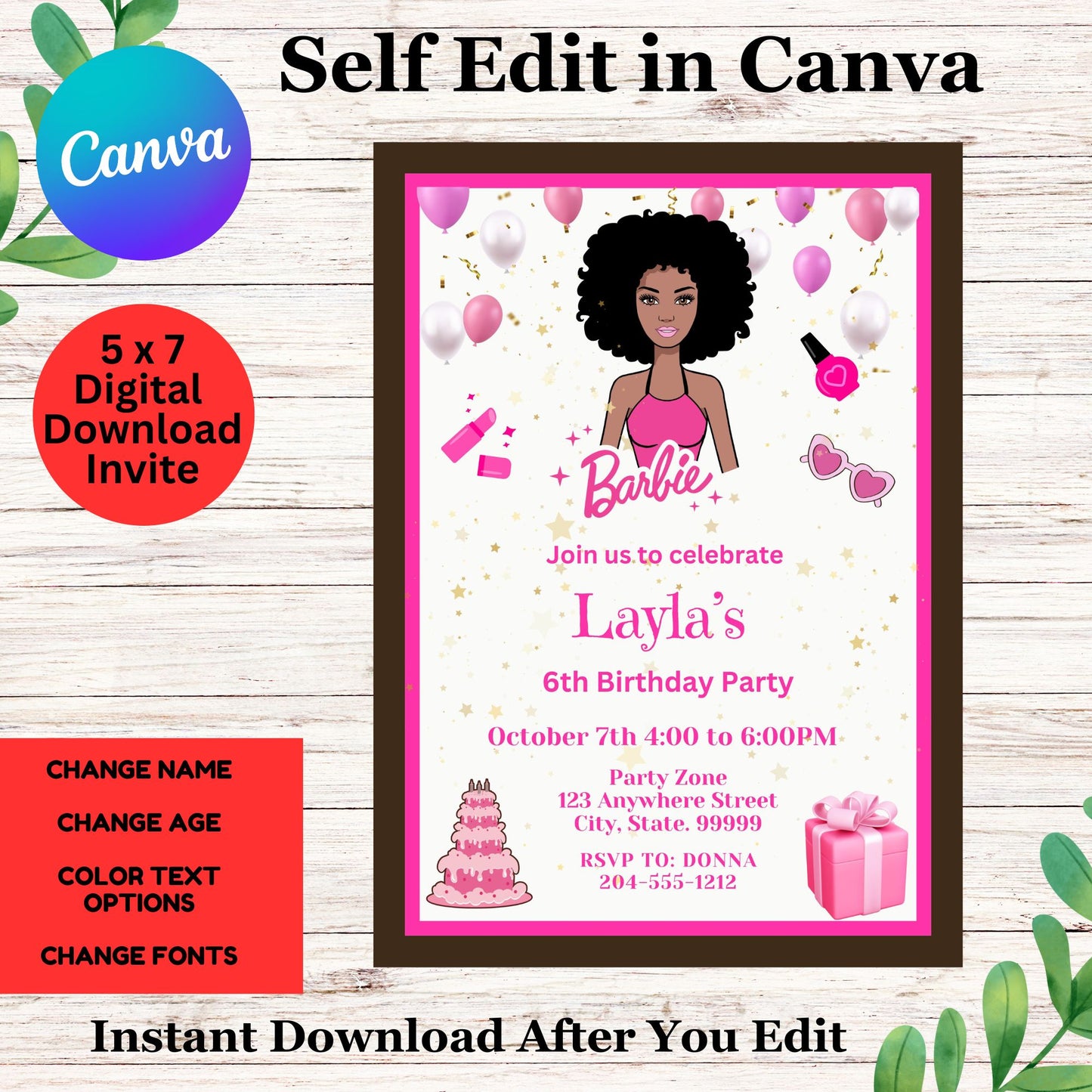 African American Barbie Personalized Birthday Invitation Template- Black Barbie Birthday Invite 