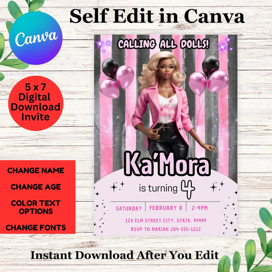 Editable Photo Black Doll Birthday Invitation Pink Glitter Afro Doll Party Invite Canva Template for Black Girl, Stylish Glam Invitation