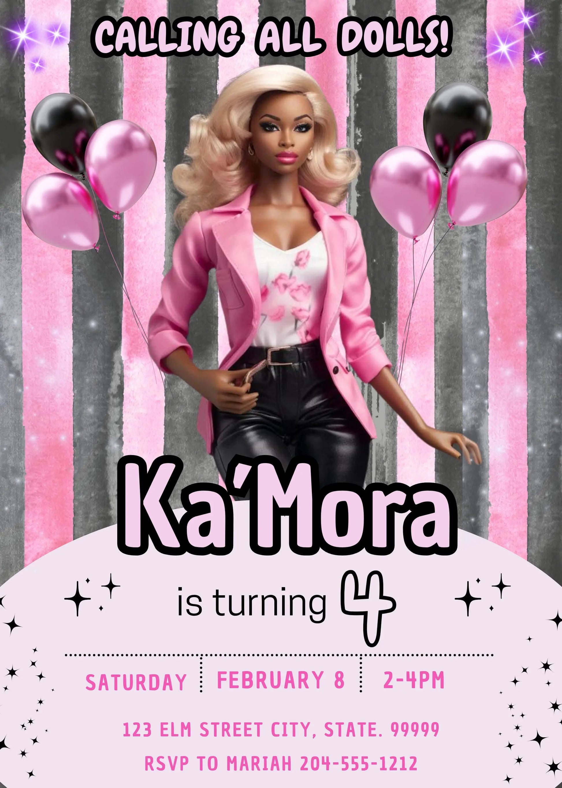 Afro Doll Party
Pink Glitter Glam
Black Girl Birthday
Editable Canva
Fashion Doll Card
Melanin Doll Party
Stylish Girl Invite