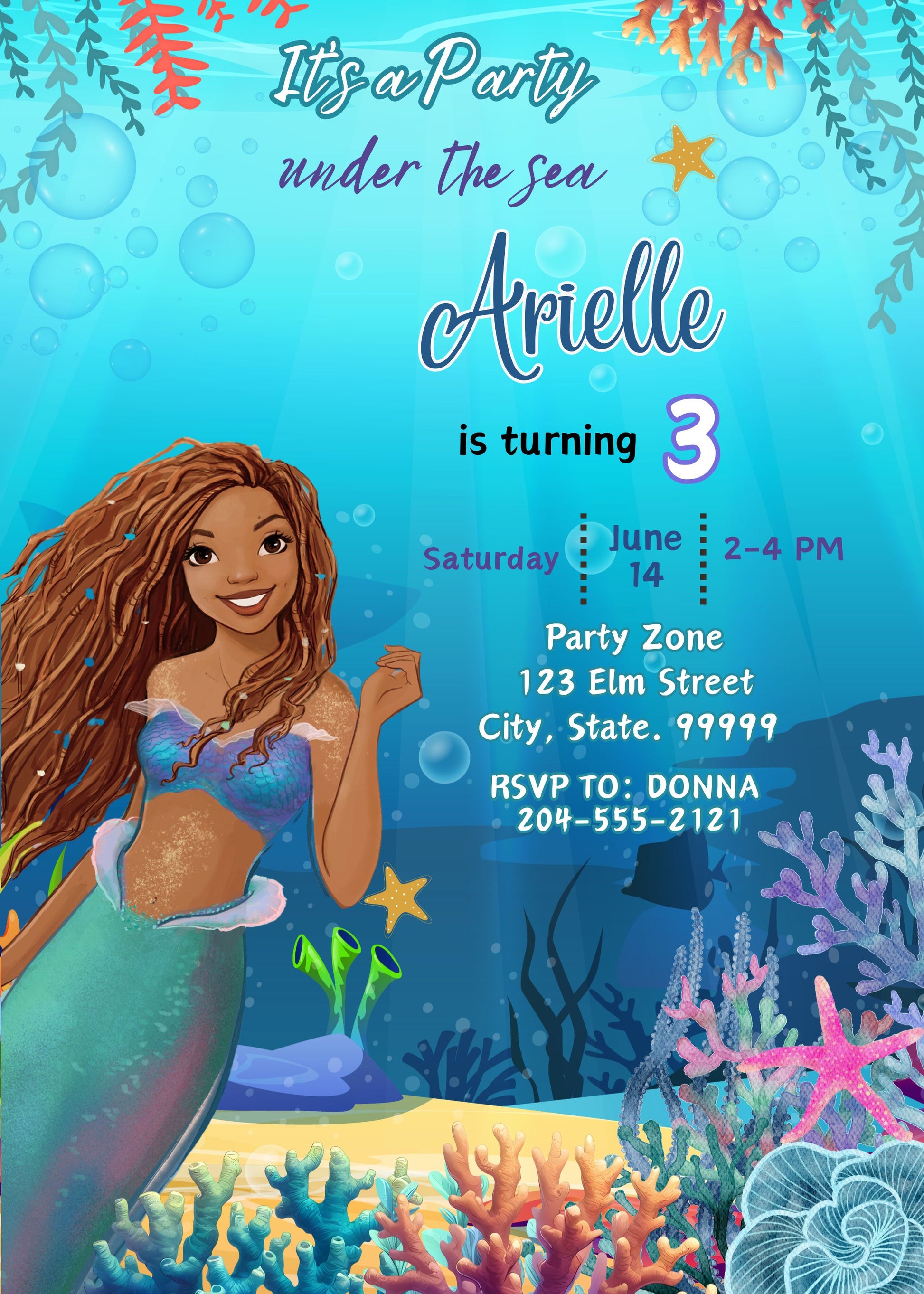 cute black ariel birthday invitation template 