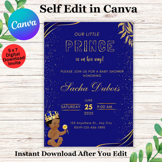 Black Little Prince is on his Way Baby Shower Invite- Editable Prince Baby Shower Invitation