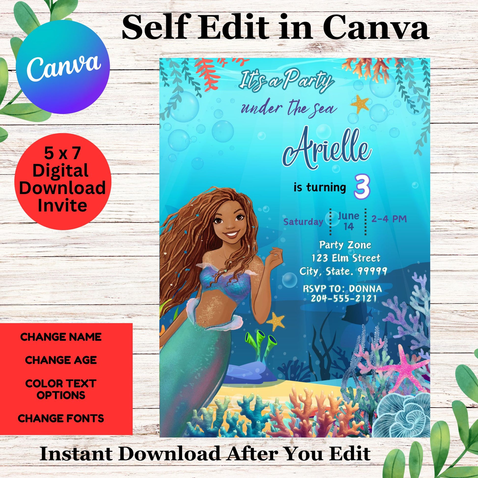 African American Little Mermaid Birthday Invitation Template- Black Ariel Birthday Invite 