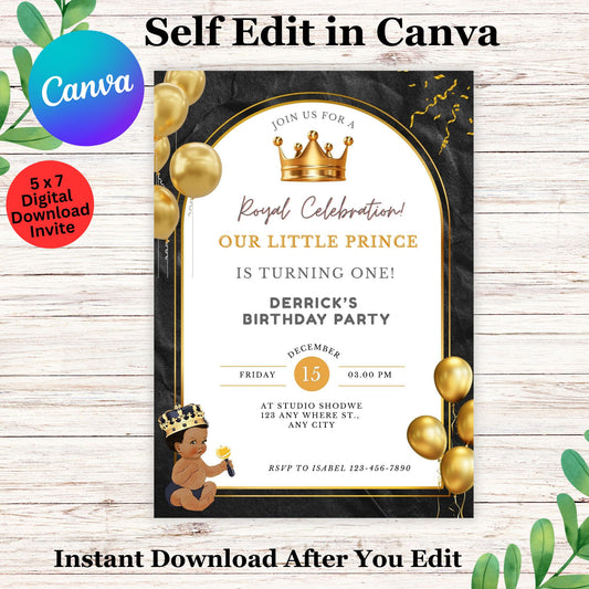 Black Prince Boy Birthday Invitation Template - Editable African American Prince Birthday Invite Template 