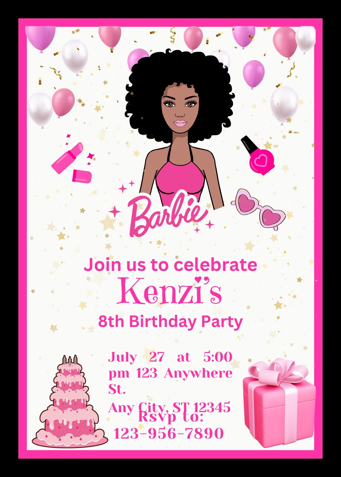 african american barbie invitation, black barbie birthday invitation