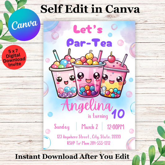 Boba Tea Birthday Party Invitation Template - Editable Boba Tea Party Invite in Canva