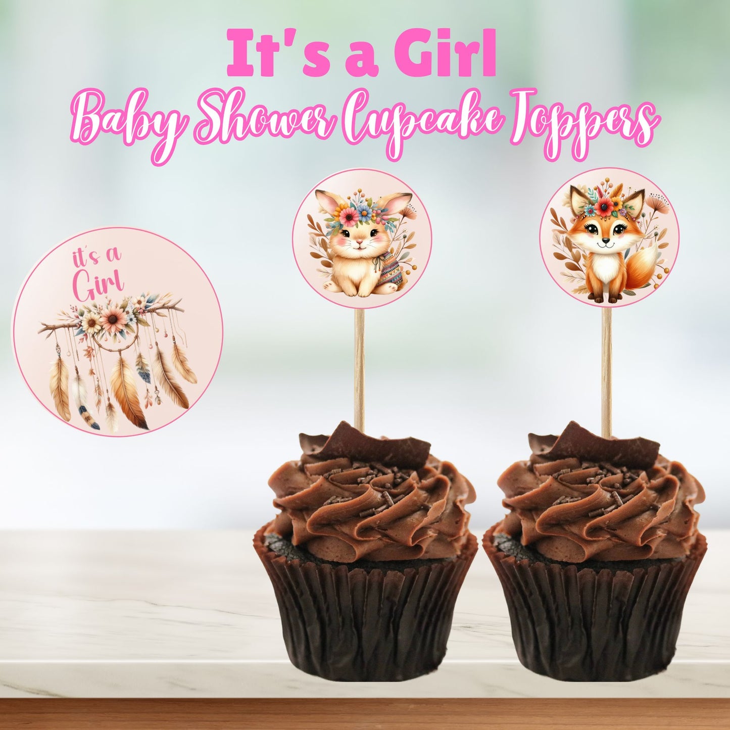 It's a Girl Woodland Cupcake Toppers - Boho Baby Shower for Girl