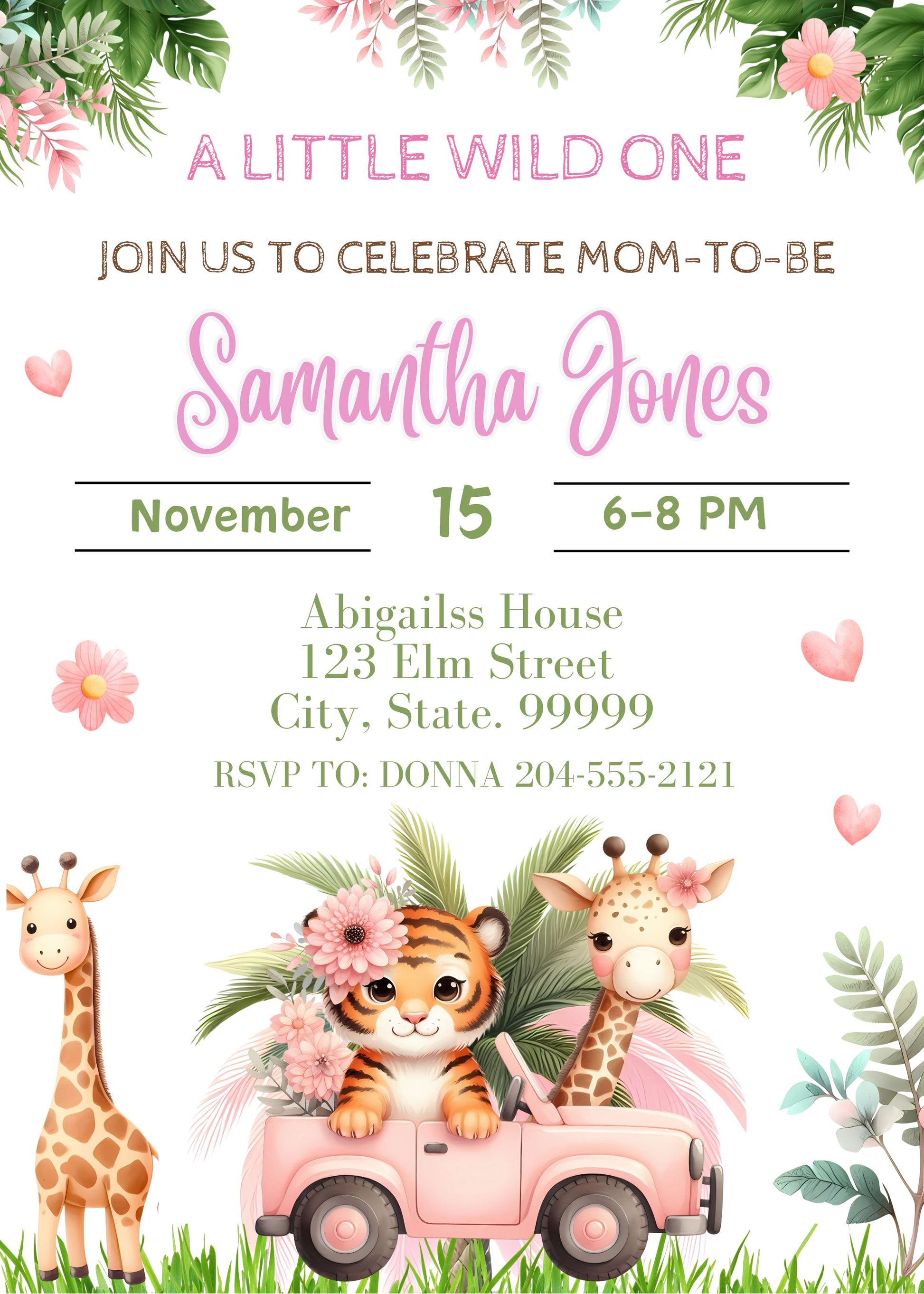diy editable boho girl safari baby shower invite
safari animals soft pink flowers baby shower invite